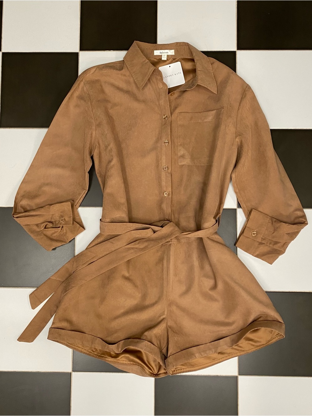 NWT 🏷️ Lalavon x Landry Kate Brown Long Sleeve Button‑Down Suede Romper – Size L